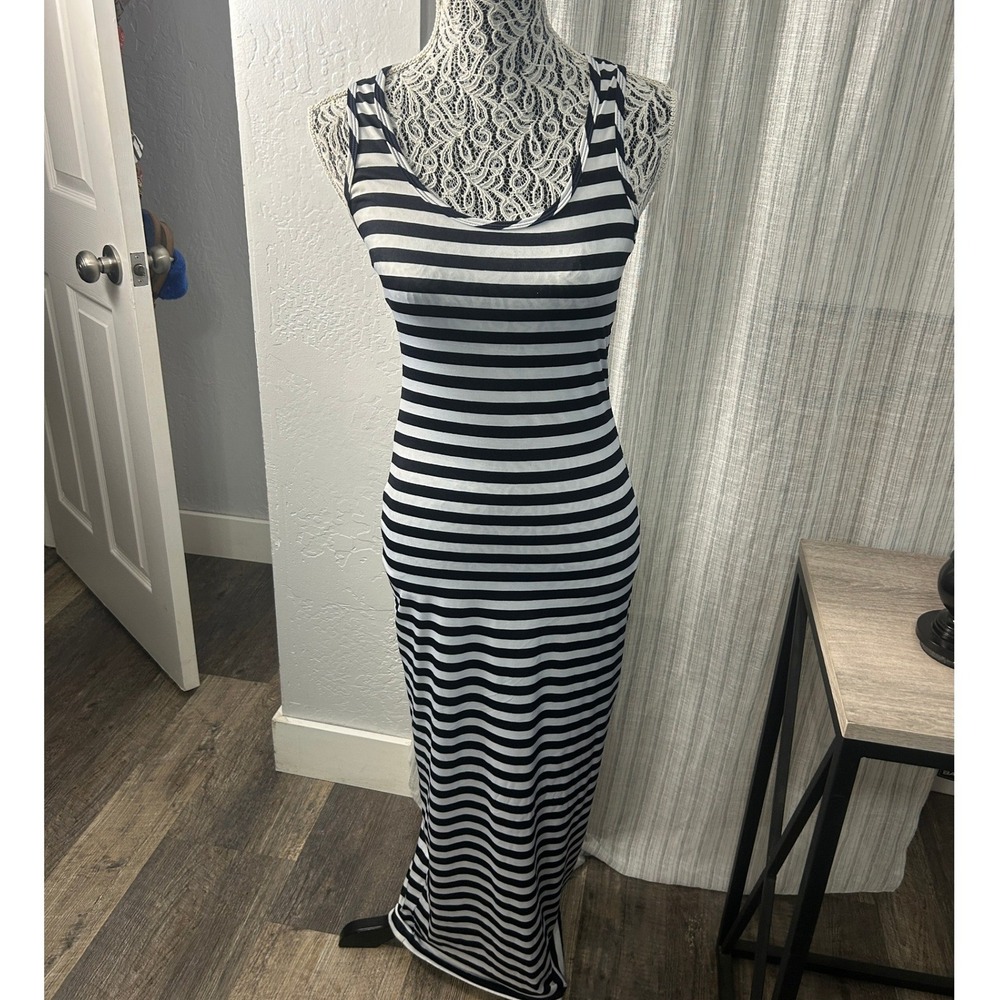 Stella Cruz Bodycon Maxi Dress Womens S Navy Blue White Striped Racerback Fitted